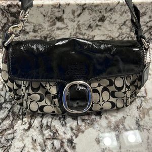 Coach shoulder bad, signature textile, black leather trim